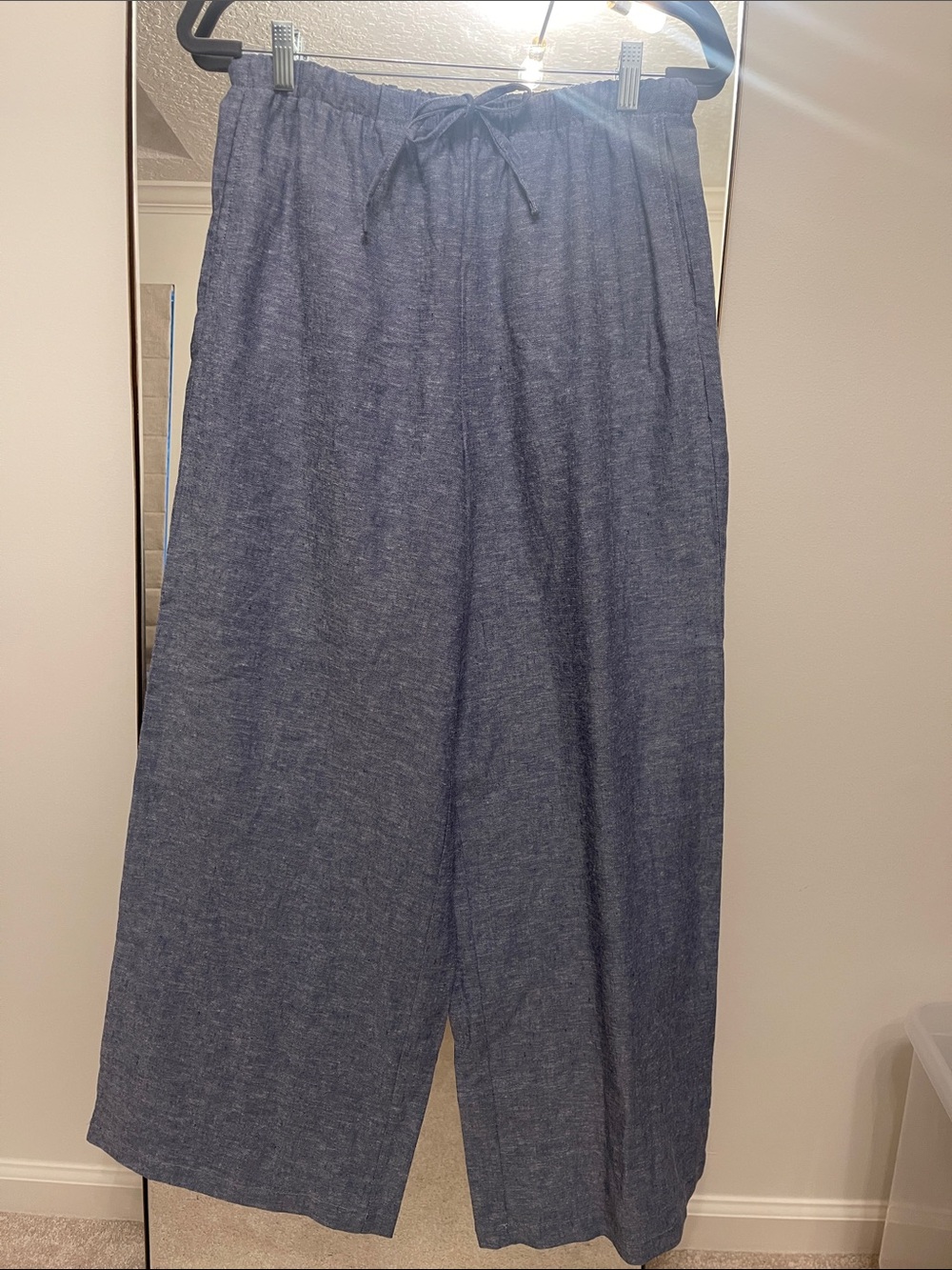 Linen Blend Wide-Leg Drawstring Pants - Blue